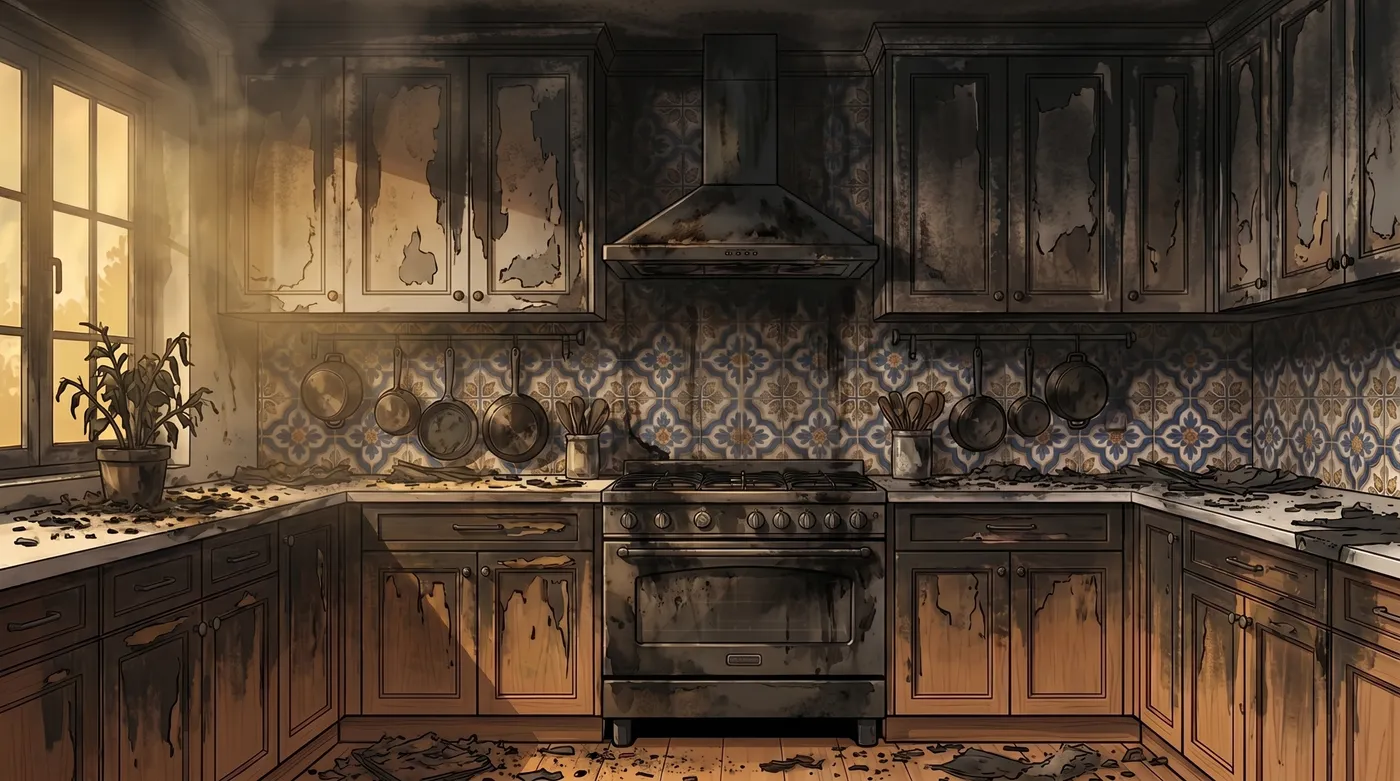 Illustration of a fire-damaged room before restoration