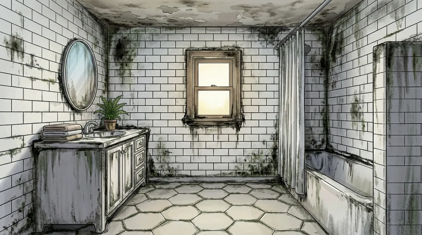 Illustration of a mold-damaged room before restoration