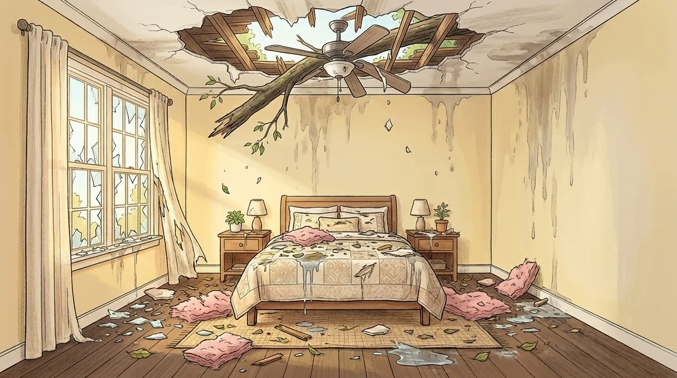 Illustration of a storm-damaged room before restoration