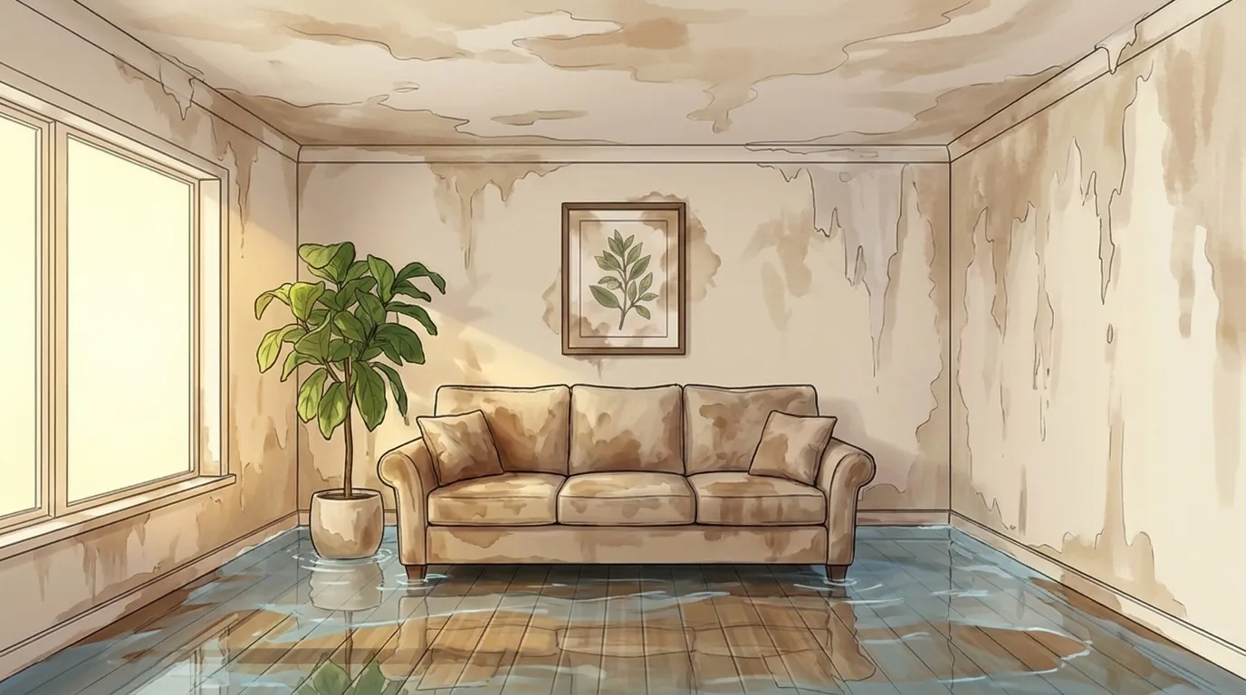 Illustration of a water-damaged room before restoration